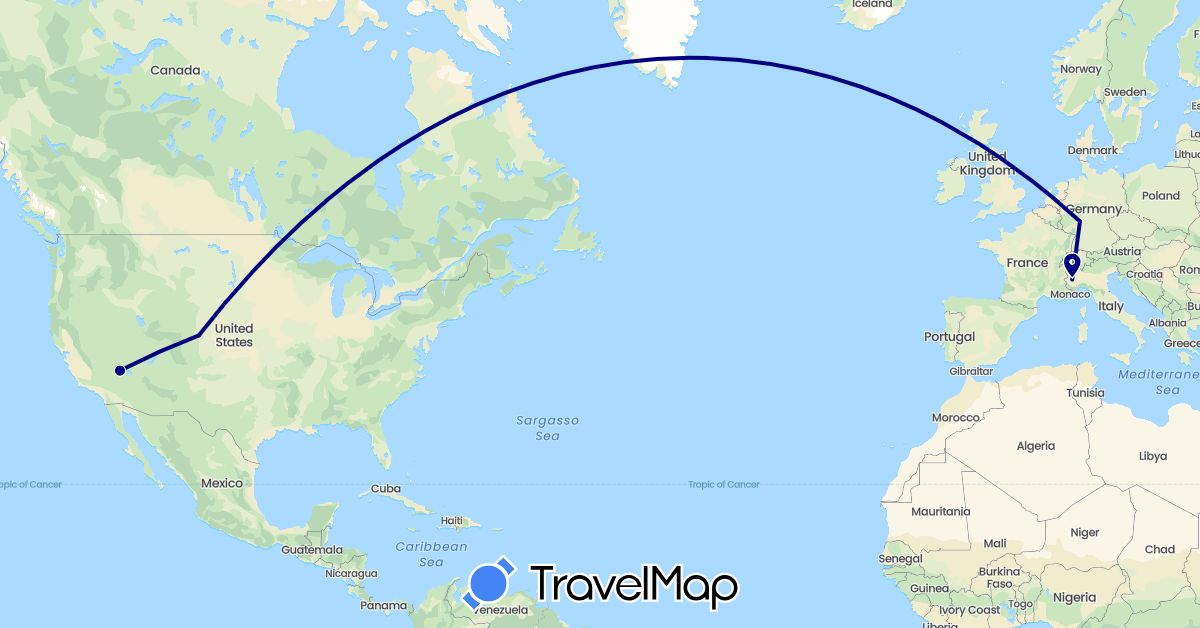 TravelMap itinerary: driving in Germany, Italy, United States (Europe, North America)